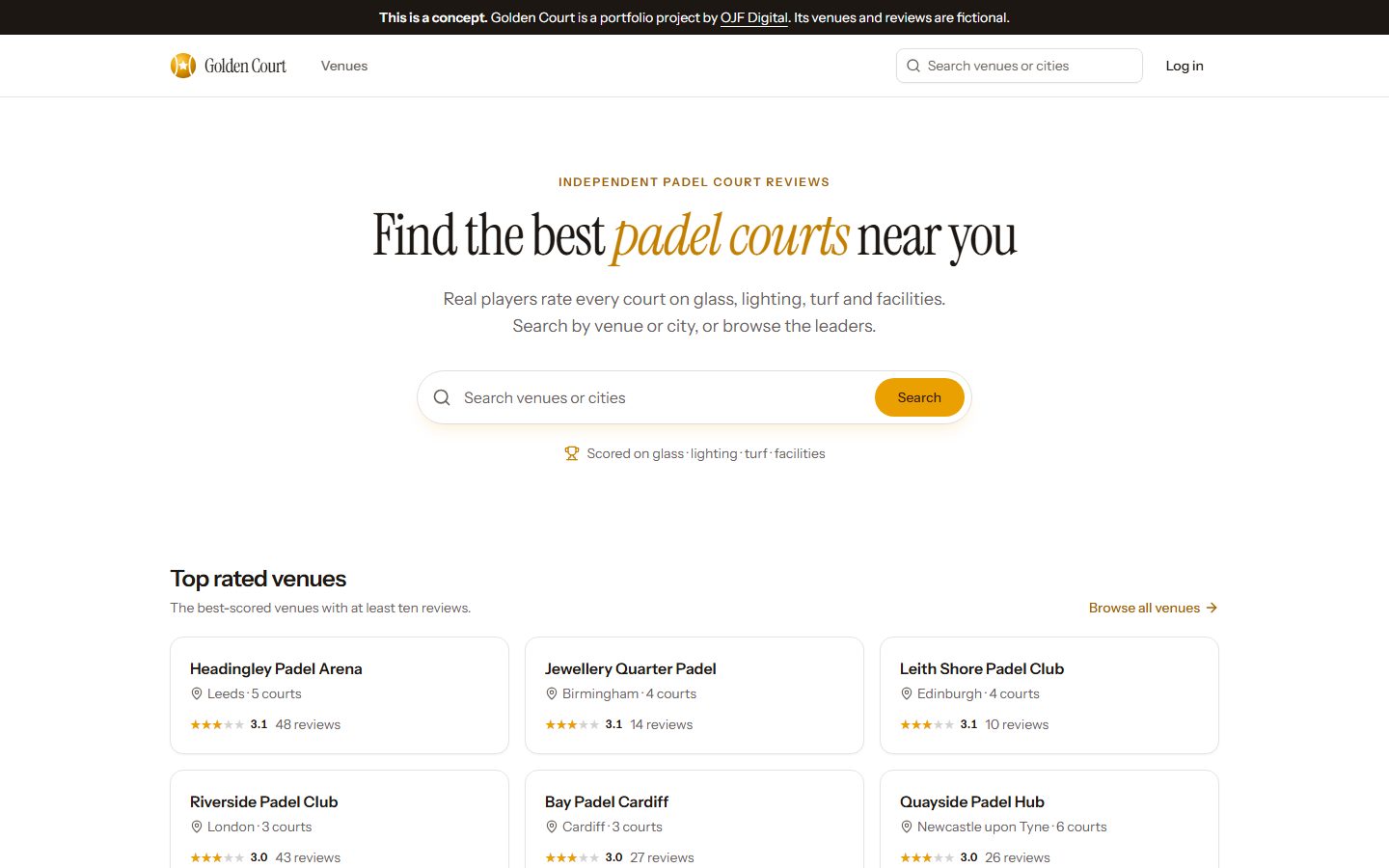 The Golden Court concept site on a desktop screen: a banner saying it is a concept, the search box and the top-rated padel venues.