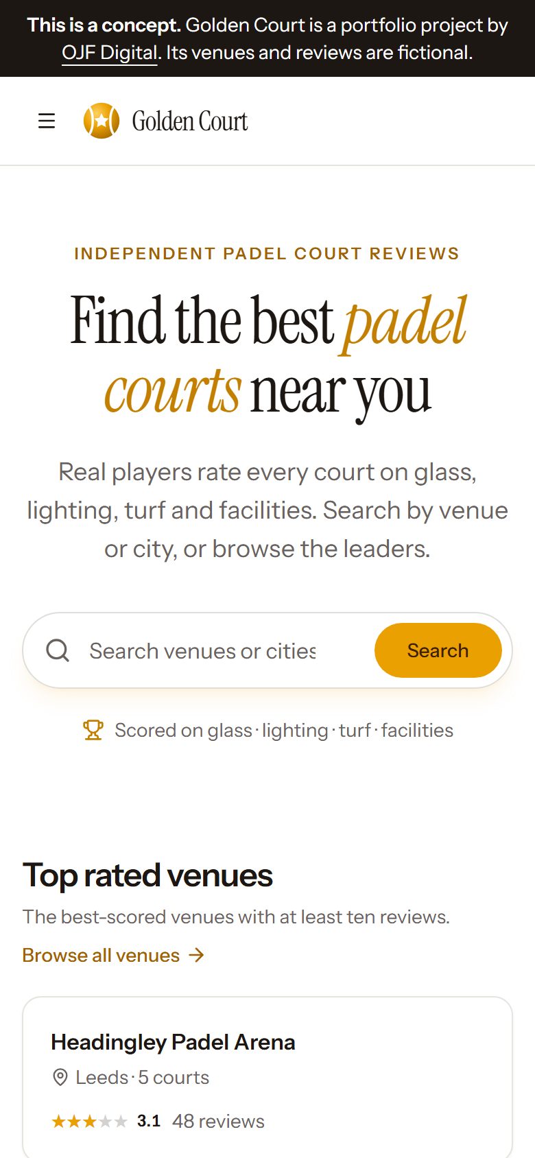 The Golden Court concept site on a phone screen: the concept banner, the headline and the venue search.
