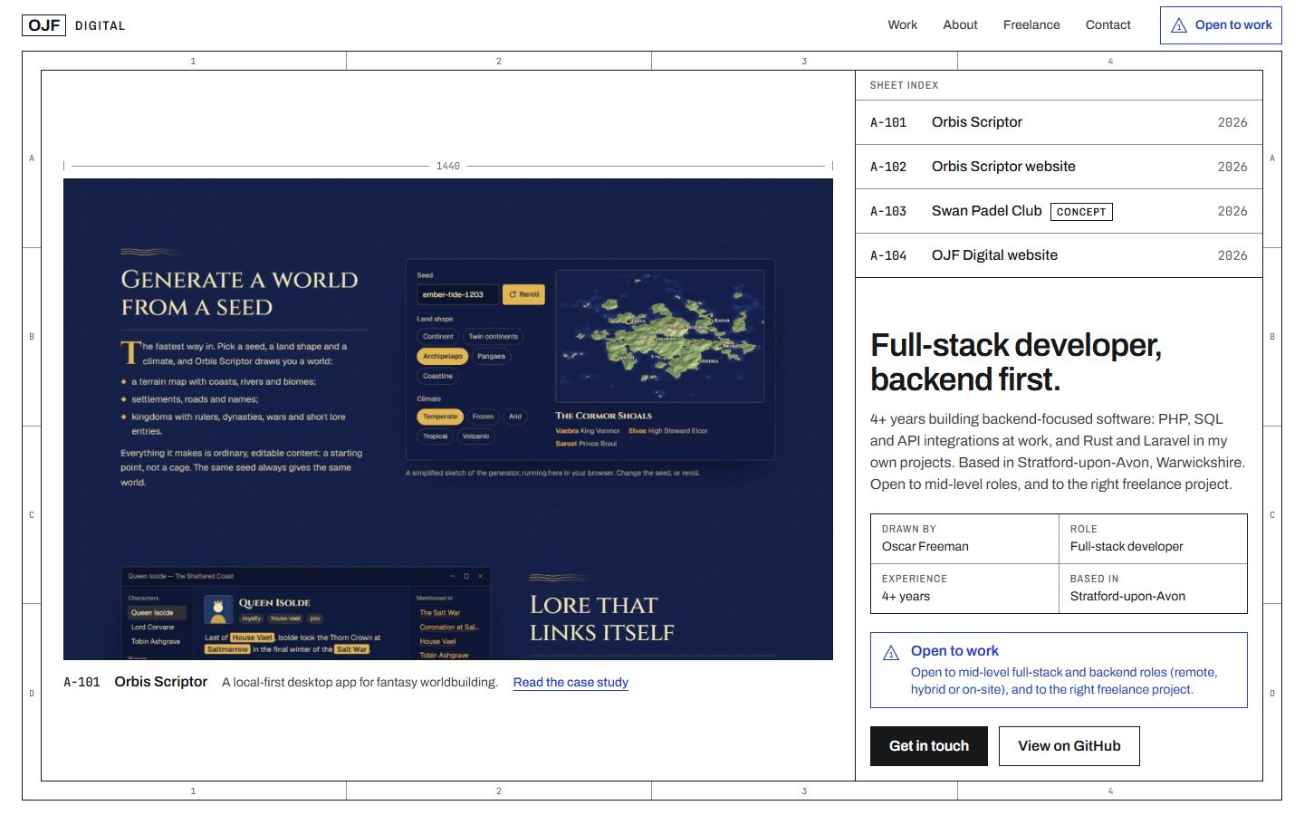 This site's home page on a desktop screen: the Orbis Scriptor drawing as sheet A-101, the sheet index of four projects, and a title block with the availability stamp.