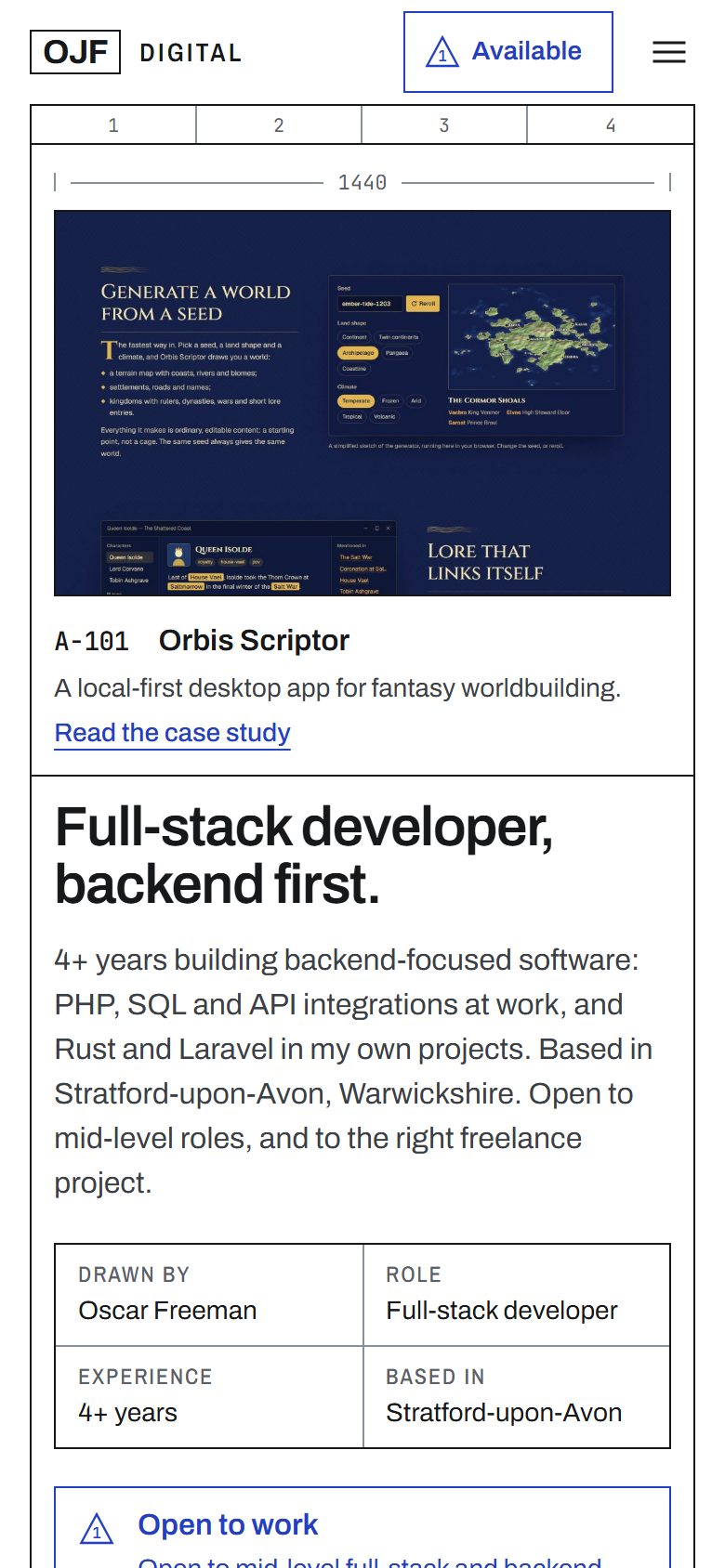 This site's home page on a phone screen: the Orbis Scriptor drawing as sheet A-101, then the heading, title block and availability stamp.
