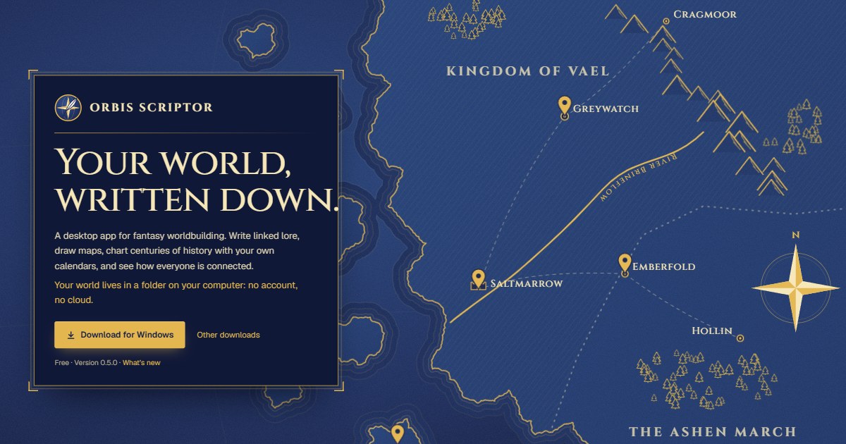 Orbis Scriptor, the desktop worldbuilding app, as shown on its website