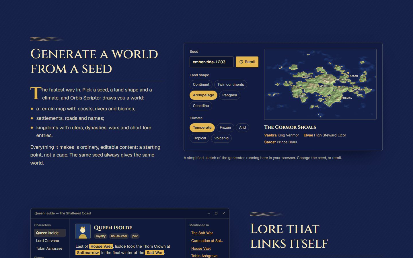Orbis Scriptor's world generator: seed, land shape and climate controls beside a generated archipelago map, with a linked-lore character page below.