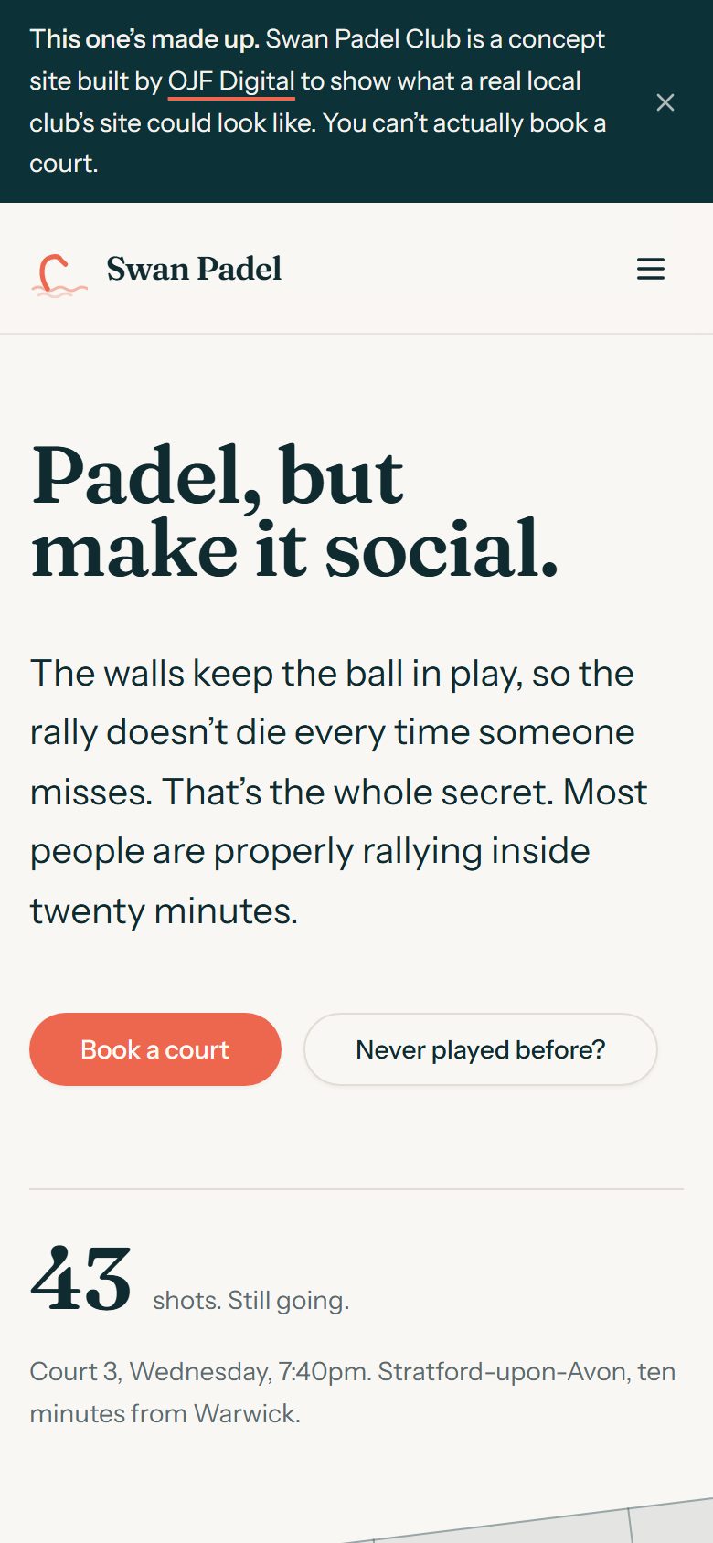 The Swan Padel Club concept site on a phone screen